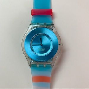 Swatch Blue and Red Striped Rubber Wrist Watch